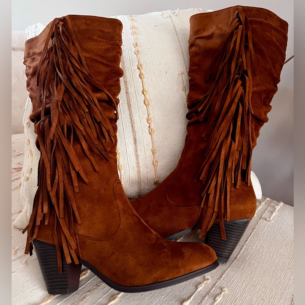 NEW Pierre Dumas Women's Calf High FAUX Suede Fringe Boots Sz 9 Brown